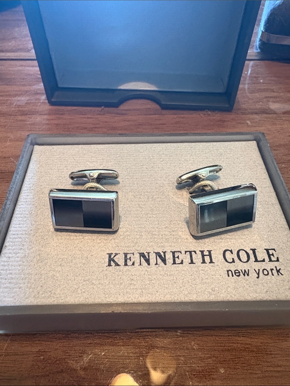 Kenneth Cole Black and Silver Rectangular Enamel Cufflinks